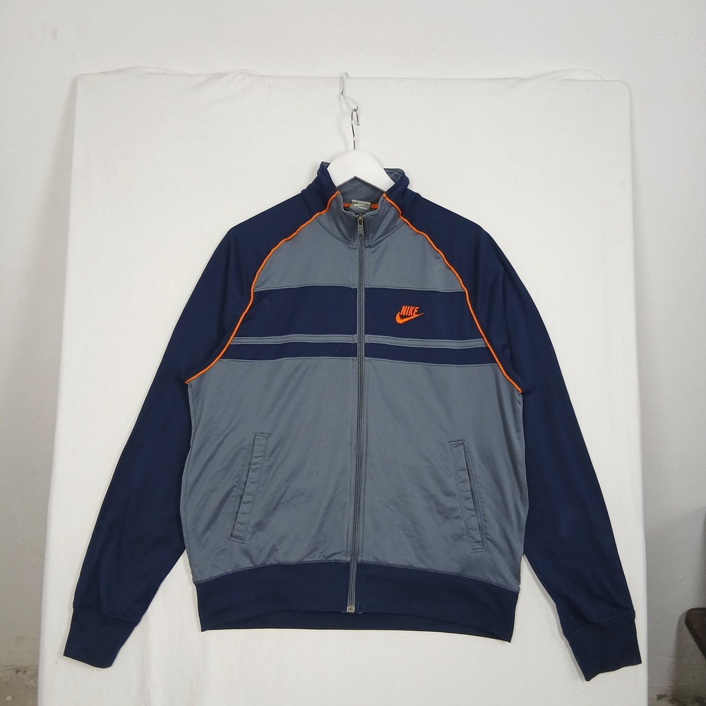 Nike Mens Track Jacket Full Zip Gray Navy Blue Orange Piping Logo Sz L